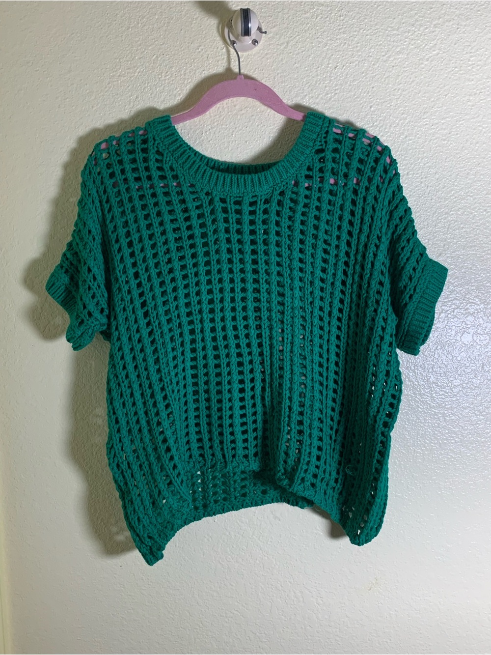 NWOT Zenana Outfitters Teal Open-Weave Short Sleeve Crew Sweater, Size S/M